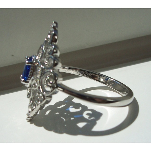 925 STERLING SILVER Simulated Blue Sapphire Cubic Zirconia Filigree Ring - Picture 10 of 16